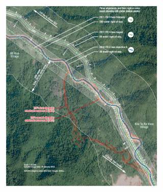 Three planned alignments for the Dawei road link between Ah Moe and Kha Ta Ra Khee villages. By Ashley Scott Kelly, 2019.